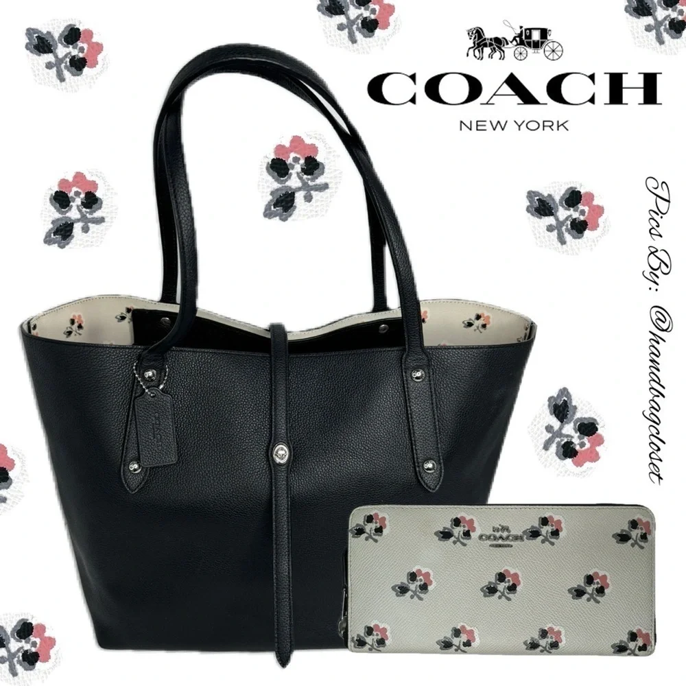 COACH MARKET TOTE IN BLACK PEBBLE LEATHER F36358 BRAMBLE CHALK FLORAL BAG